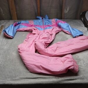 Skimer Paris Ski Suit Women 6 Pink Blue Belted Insulated Retro 90s USA Made VTG